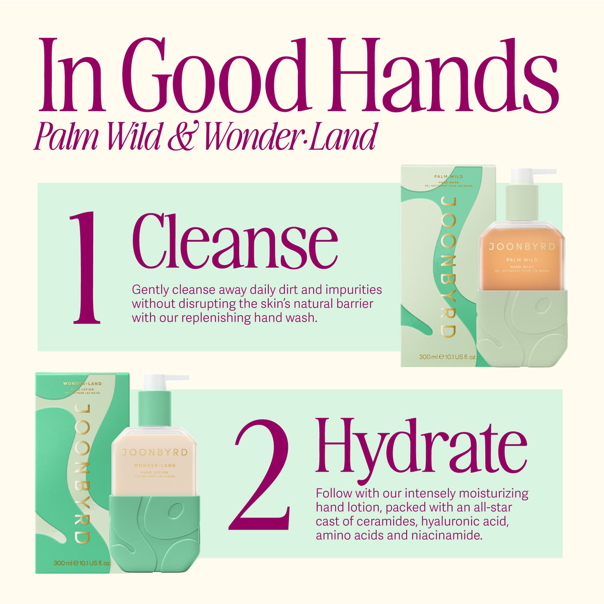 In good hands with PALM WILD Hand Wash & WONDERLAND Hand Lotion. Step 1 - gently cleanse away daily dirt and impurities without disrupting the skin's natural barrier with out replenishing hand wash. Step 2 - follow with our intensely moisturizing hand lotion, packed with an all-star cast of ceramides, hyaluronic acid, amino acids and niacinamide.